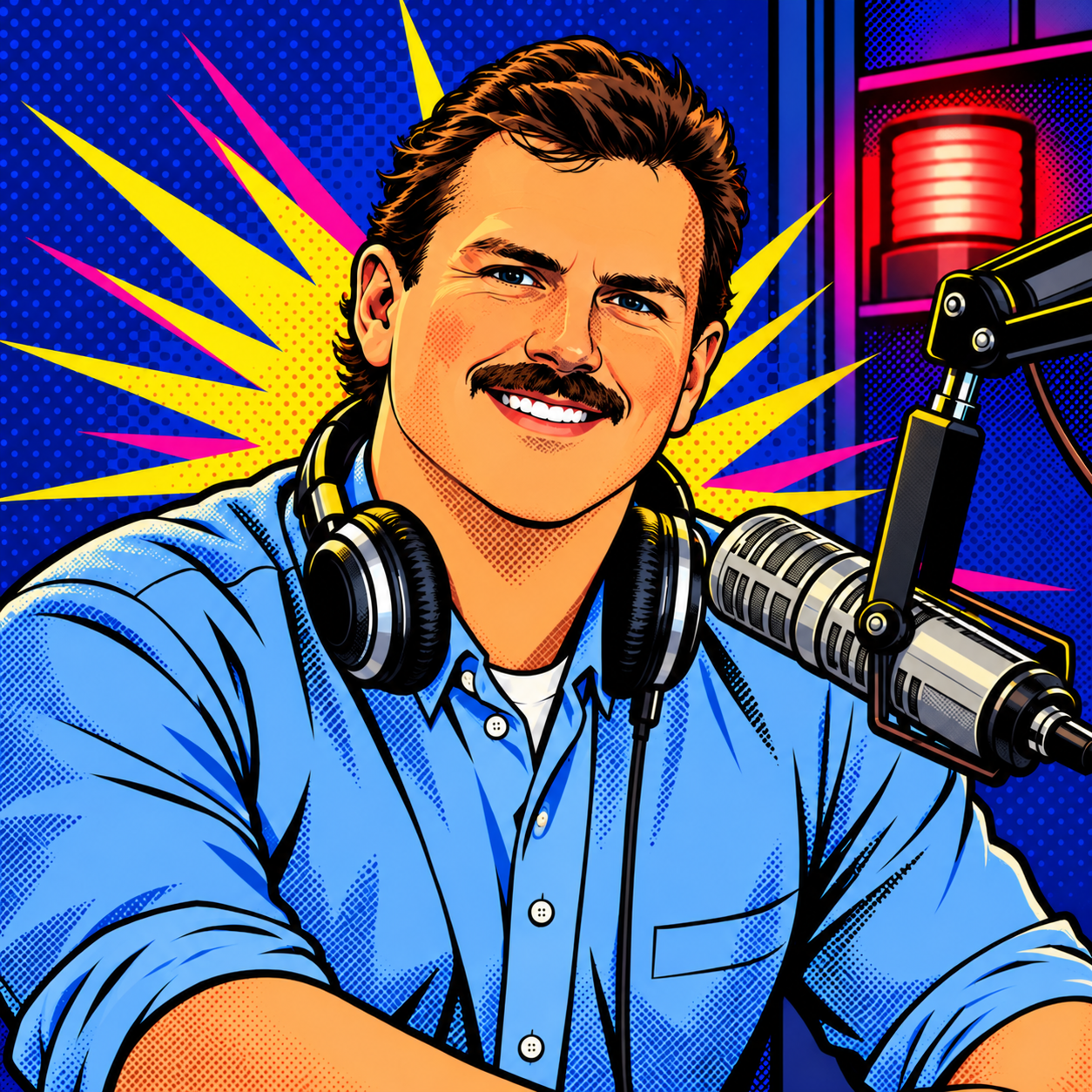 Daddy, smiling, in a blue button-down shirt with headphones around his neck, beside a studio microphone and an on-air light.