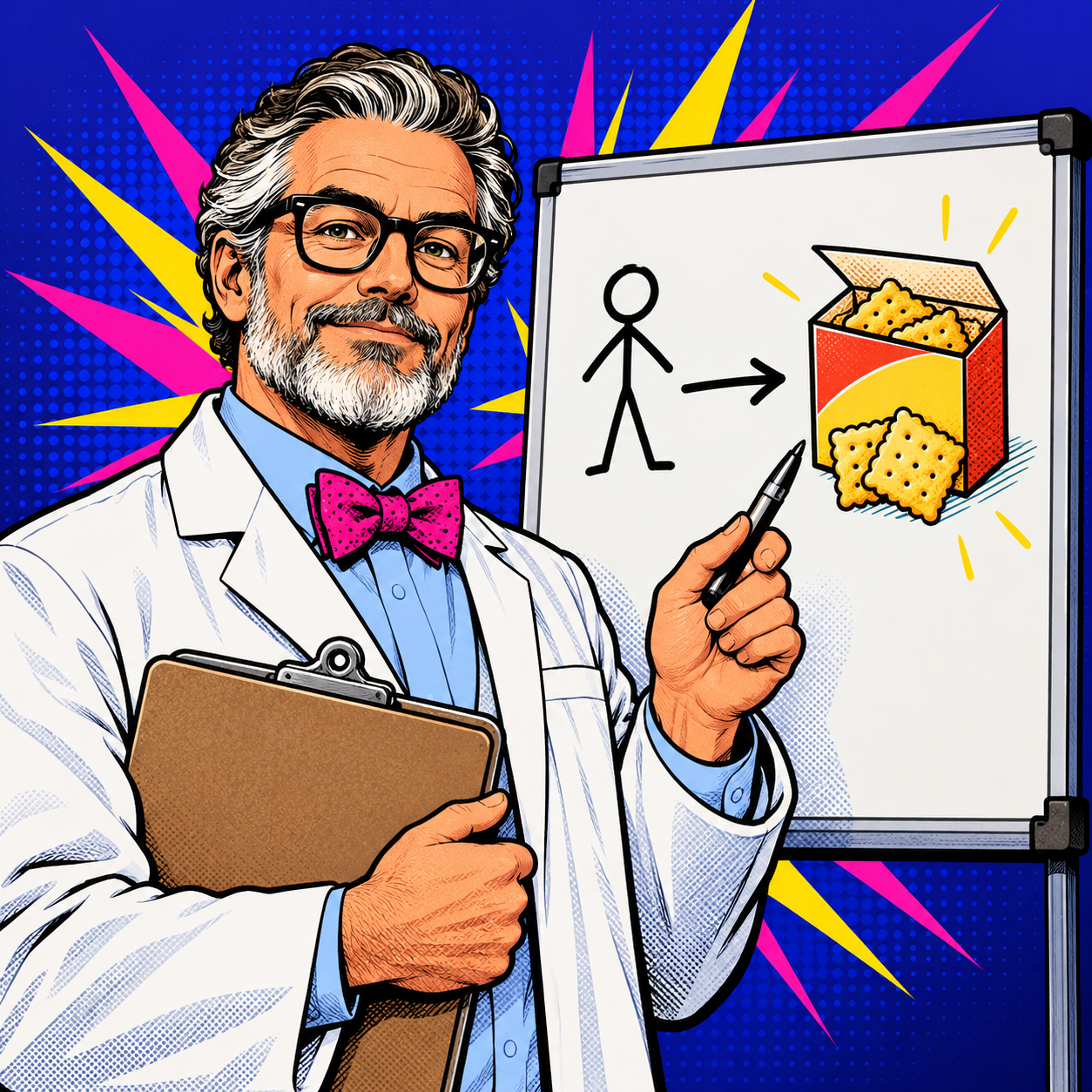 Our Expert, gray-haired and bearded, in glasses, a white lab coat and a pink polka-dot bow tie, pointing a pen at a whiteboard sketch of a stick figure next to a box of crackers.