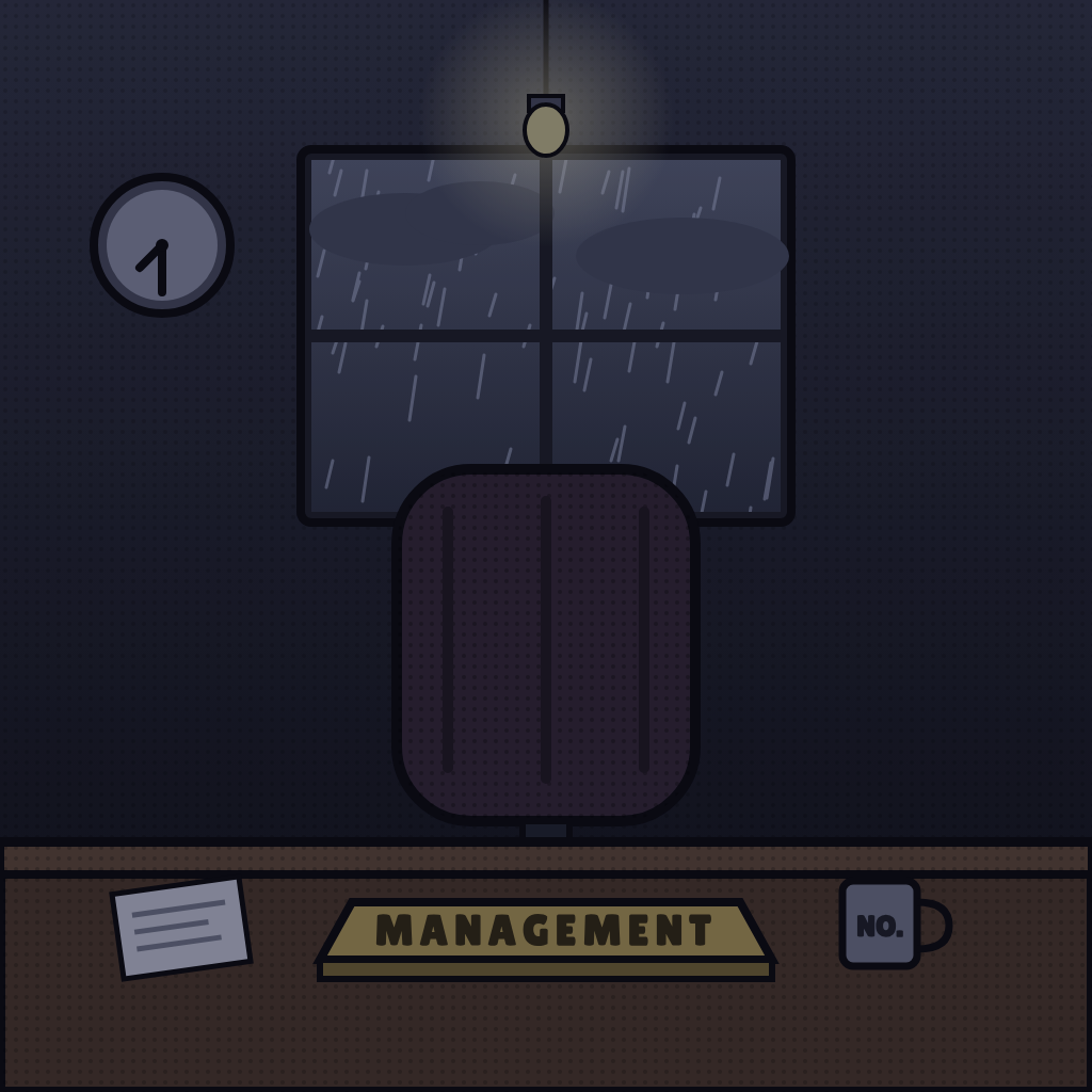 An empty office at dusk. A high-backed chair faces a rainy window. On the desk sit a nameplate reading MANAGEMENT and a mug that says NO.