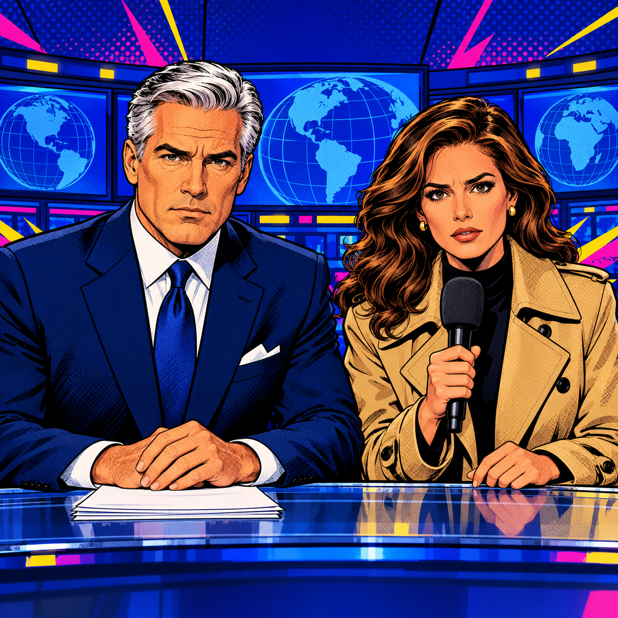 Two news anchors at a glossy desk in front of world-map screens: a silver-haired man in a navy suit holding papers, and a woman in a tan trench coat holding a microphone.